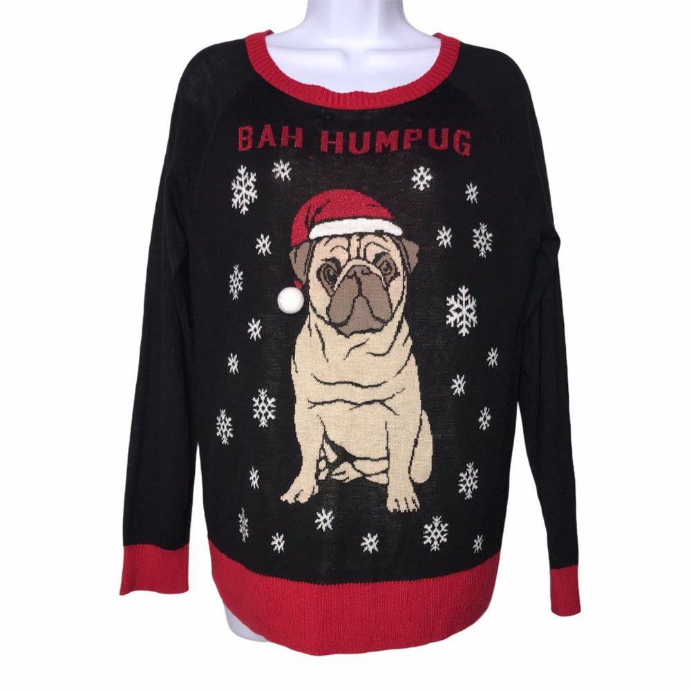 Well Worn Lightweight Pug Bahumpug Ugly Christmas Holiday Pullover Sweater L
